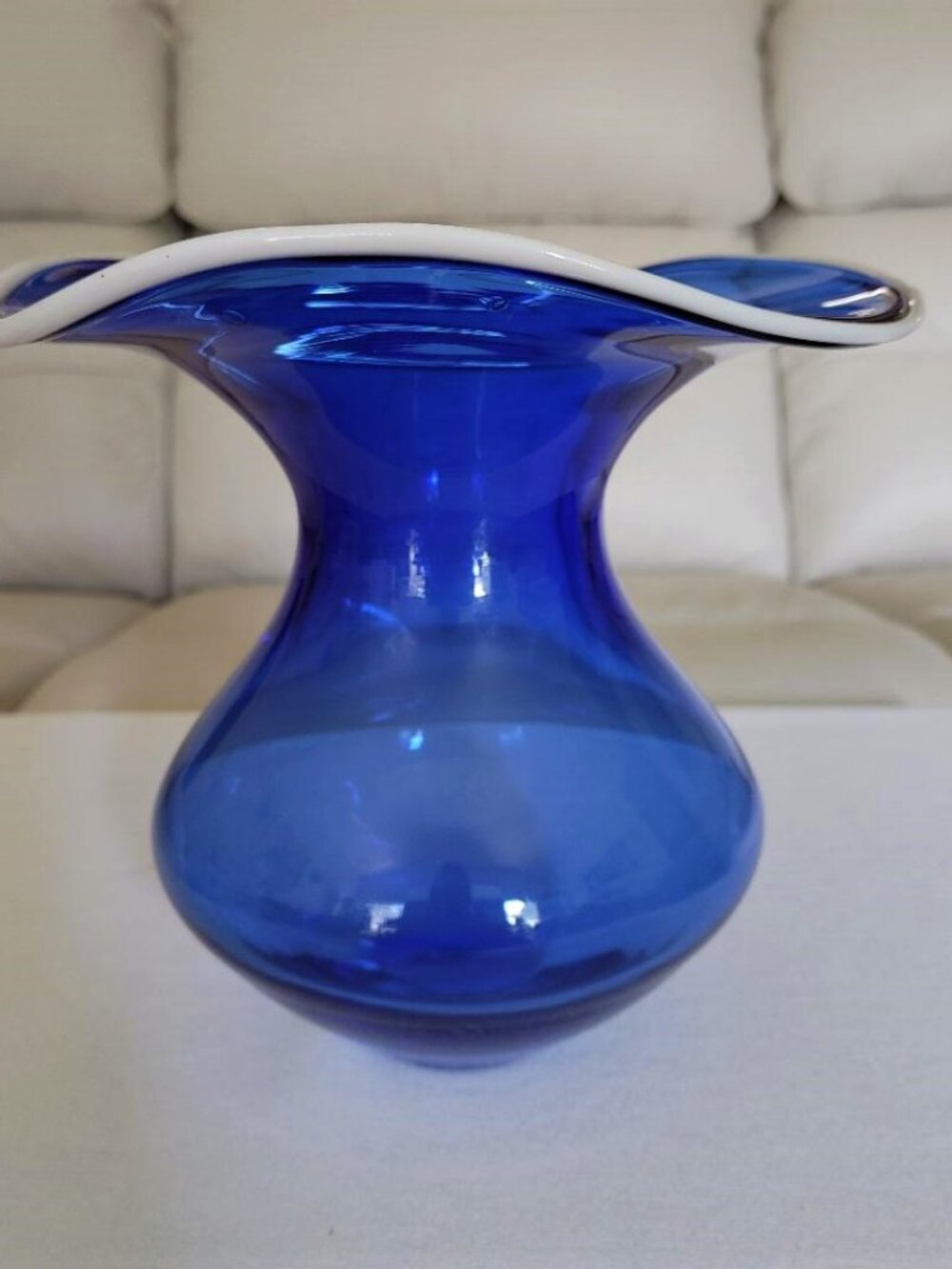Hand Blown Cobalt Trumpet Vase Applied White Glass Rope Brim Smooth Base 9 x 9"